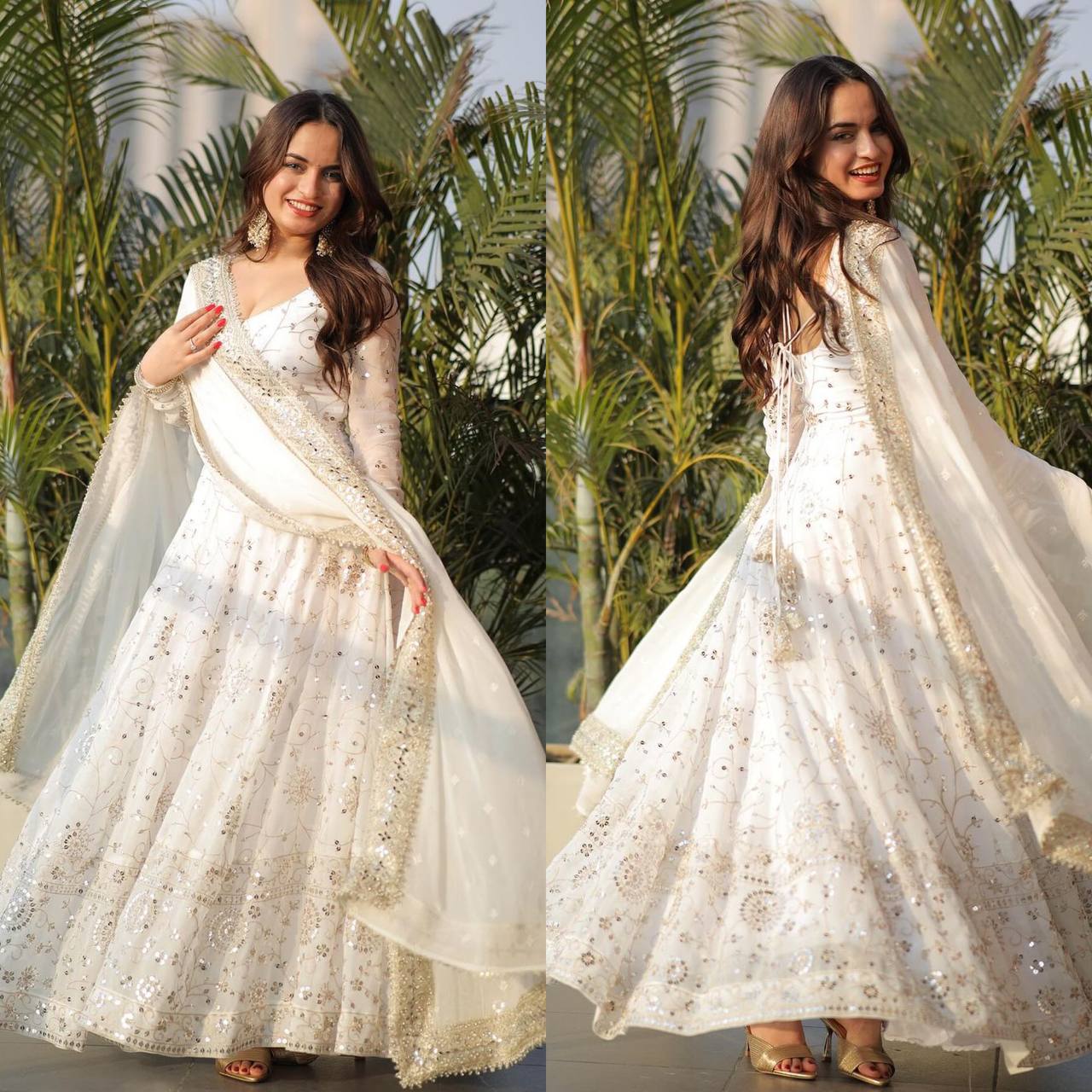 Pristine Ivory Mirror-Work Anarkali